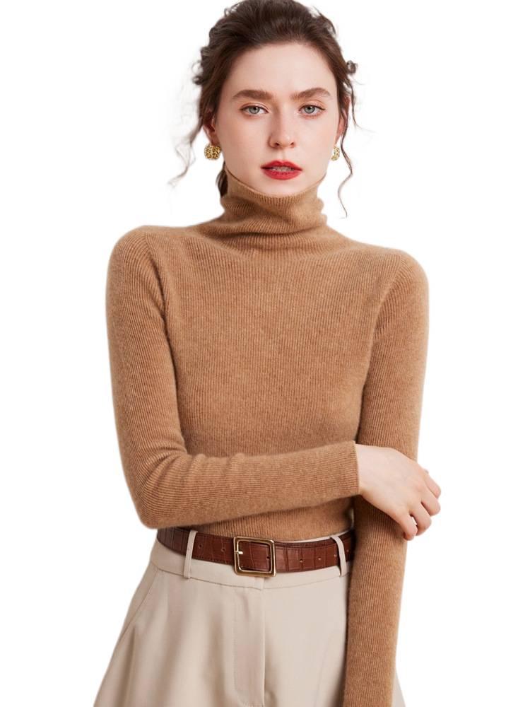Women's 100% Cashmere High Neck Slimming Pullover Sweater - Solid Color, Warm, Versatile Knit Base Layer