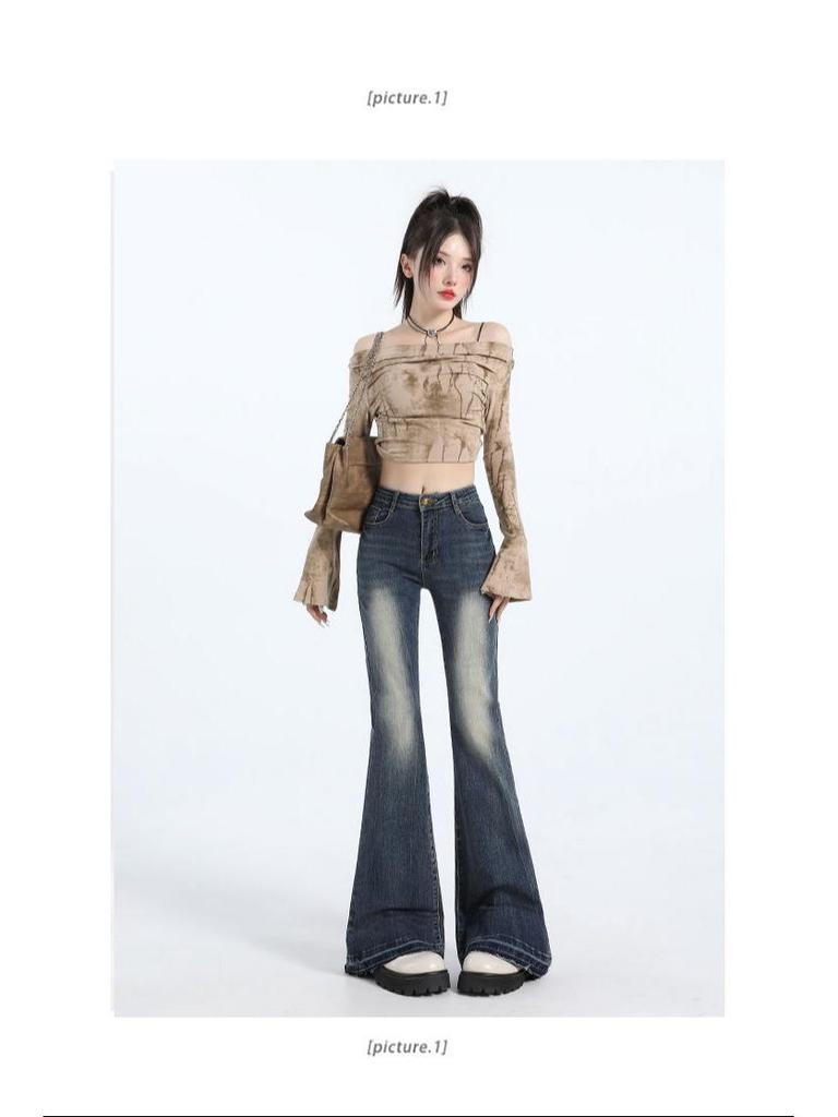Retro Blue High-Waist Micro Flare Jeans with Slimming Raw Edge Design for Women - Spring & Autumn