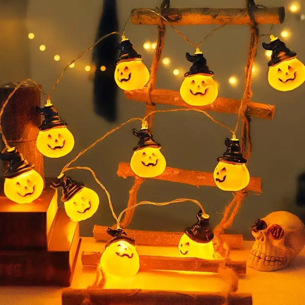 1PC 10/20 LED Halloween Small Pumpkin With Black Hat String Lights Battery Operated For Home Windows Indoor Outdoor Garden Decor