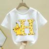 Pokemon Pikachu T-shirt Children A-Z Letter White Clothes Round Collar Clothing Kids Short Sleeve Cartoon Partern Summer Tee Top