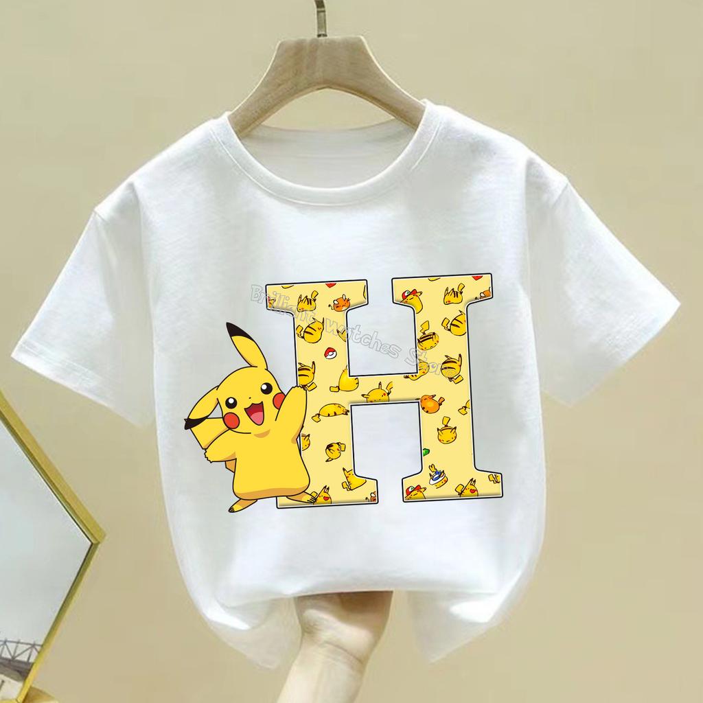 Pokemon Pikachu T-shirt Children A-Z Letter White Clothes Round Collar Clothing Kids Short Sleeve Cartoon Partern Summer Tee Top
