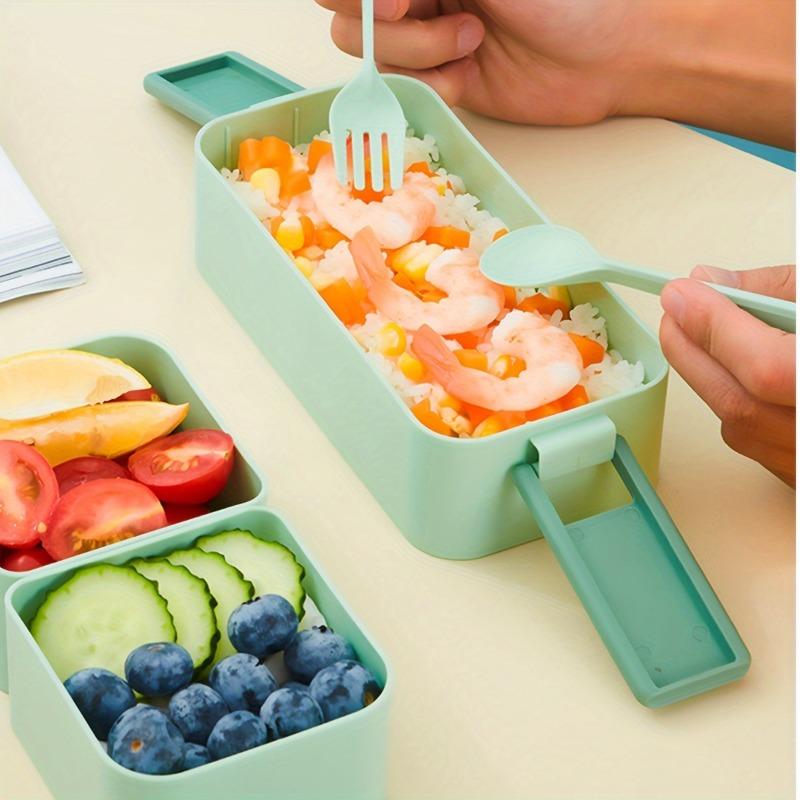 1pc Student Portable Divided Square Lunch Box With Lid, Office Worker Double Layers Rectangular Plastic Bento Box With Fork