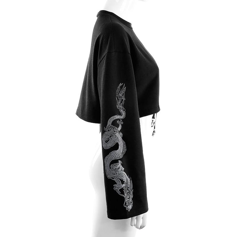 Print Dragon Autumn Crop Sweatshirt Long Sleeve Korean Fashion Pullover Black Casual Gothic Streetwear Sweatshirts