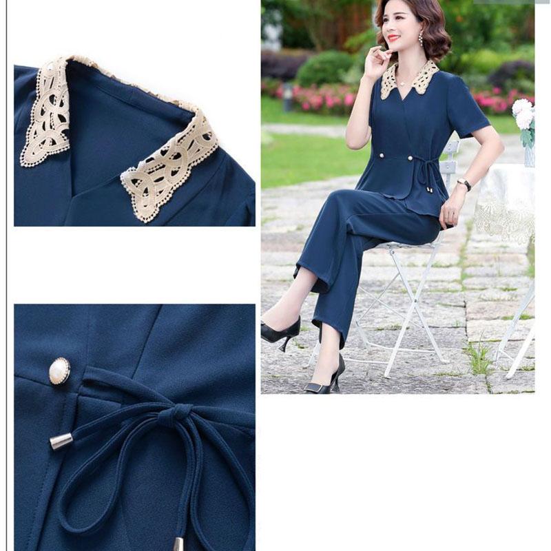 Solid Color Chiffon Suit Summer Office Lady Loose Casual Two-piece Short-sleeved Shirt + Loose Wide-leg Pants Summer