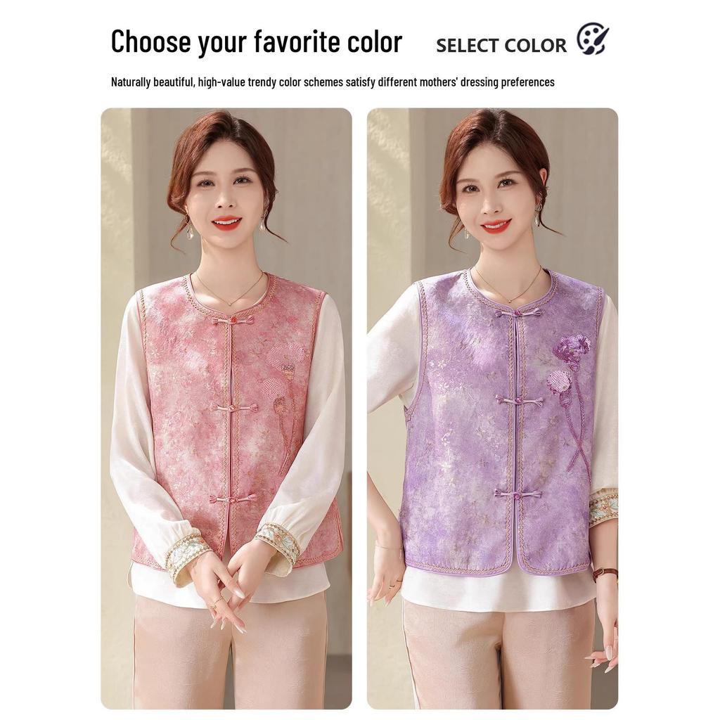 Elegant Spring National Style Two-Piece Vest Set for Mother's Day - Chic Middle-Aged & Elderly Women's Fashion