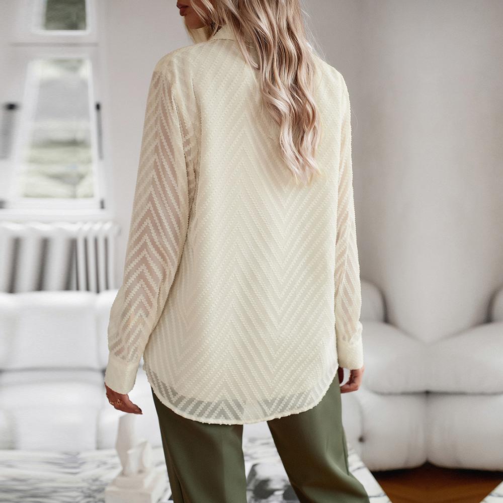 Женские осенние однобортные жаккардовые рубашки с длинными рукавами и воротником — фото 4