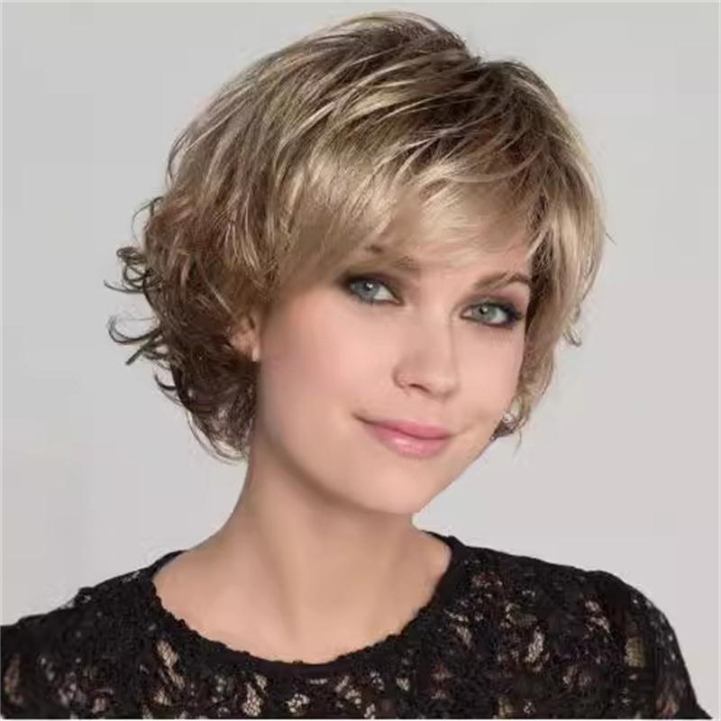 Synthetic Blonde Mix Brown Wig for Women Natural Short Curly Wig with Bangs Wig Mommy Fake Hair Daily Cosplay
