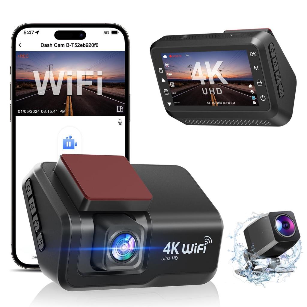 4K Dual Cam: Front & Rear Recording Dash Cam with Reversing Image, Driving Track, HD, 3" WiFi Screen