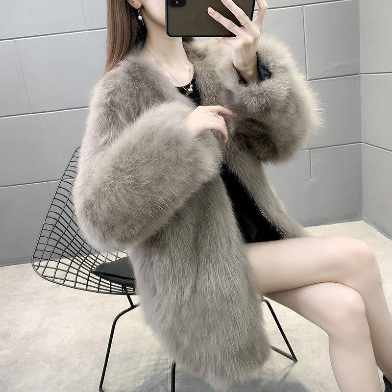 Womens Faux Fox Fur Coat Mid-Length V-Neck Slim Fit Winter Parka Rabbit Outerwear