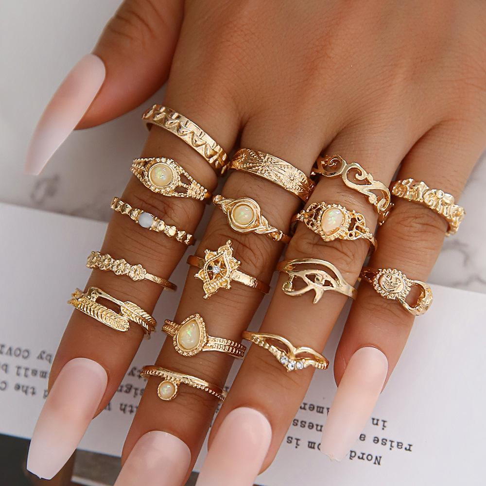 Vintage Beauty Avatar Gold Coin Cross Pattern Love Fatima Palm Ring 15-piece Ring Set