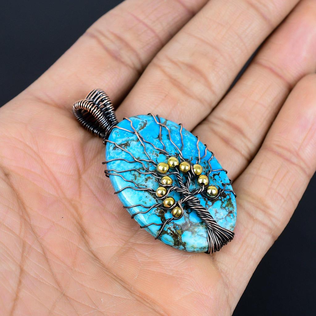 Tree Of Life Blue Turquoise Handmade Gemstone Pendant, 999 Copper Wire Wrapped Antique Jewelry Pendant, For Engagement Gift