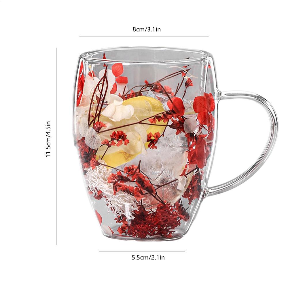 350ml Double-walled Glass Cup with Dried Flowers Anti-Scalding Cold Beverages Mugs for Milk Chocolate Tea Juice Hot Water