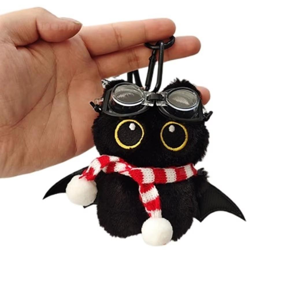 Cute Big Eyes Black Cat Plush Keychain Stuffed Little Devil Cartoon Wings Kitten Doll Pendant Soft Mini Car Keyring Bag Ornament