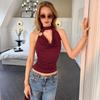Pleated Slim Crop Top Deep V Hanging Neck Top Simple Lace-up Camisole  Lady