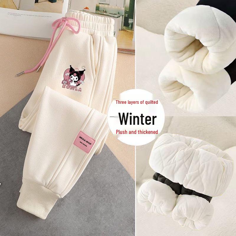 Kuromi Girls' Fleece-Lined Sweatpants - Cartoon Print, Warm & Thick, Cuffed for Spring/Autumn