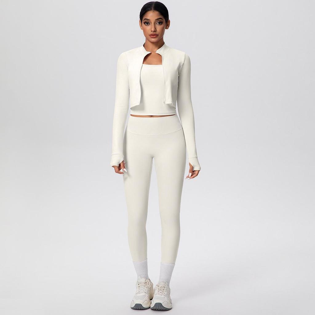 Women's Fitness Yoga Set: Shockproof Ribbed Tank, Zipper Jacket, High-Waisted Skin-Friendly Pants
