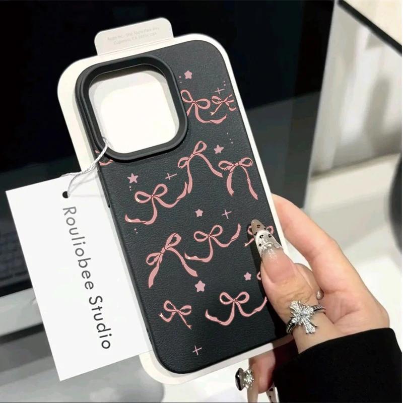 Cute Pink Star Bow Lichee leather pattern Phone Case For Samsung S25 S24 S23 S22 S21 S20 S10 Plus FE Ultra 4G 5G Shockproof