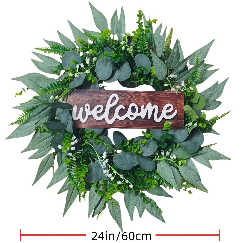 24 Inch Green Artificial Eucalyptus Wreath with Welcome Sign Spring Summer Wreath for Front Door Wall Window Farmhouse Festival