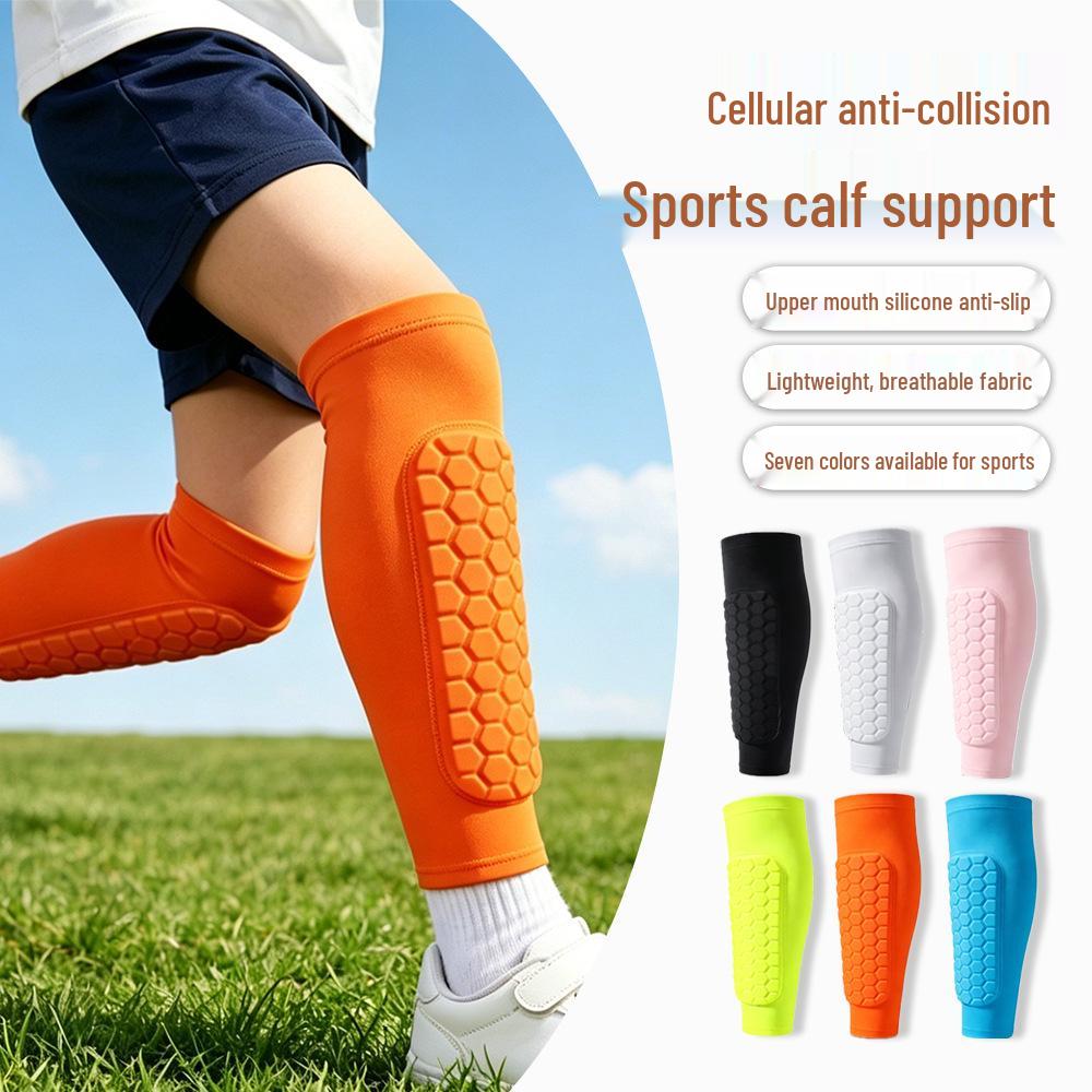 Men's Honeycomb Calf Guard Socks with Anti-Collision Shin Protection for Football and Basketball.