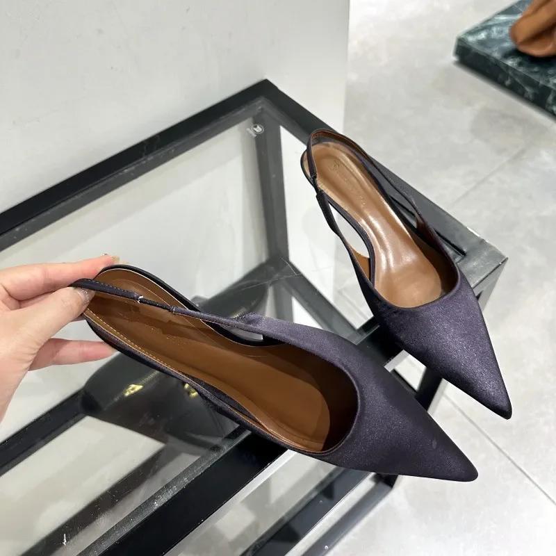 Fashion Elegant Low Heel Satin Women Pumps Sexy Pointed Toe Slingbacks Thin High Heels Comfort Mules Sandals Dress Shoes Heeled Sandals