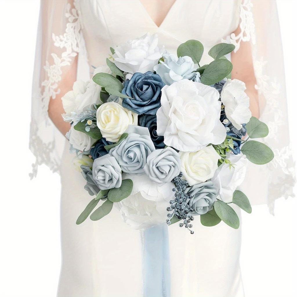 1 Pièce Mariage Mariée Goutte d'Eau Bouquet à Main Demoiselle d'Honneur Bouquet à Main Simulation Rose Bleu Glacé