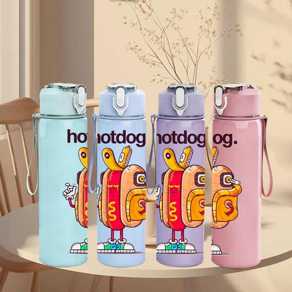 1PC Funny Hot Dog Cartoon Design 750ml Color Plastic Sports Water Bottle Leakproof Flip Straw Lid Suitable for Sports Office Home Use