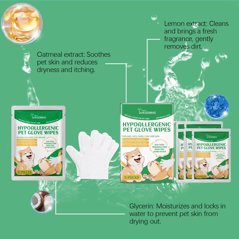 Pet Grooming Disposable Gloves with Coconut Oil and Glycerin for Dogs and Cats No Rinse Wipe Down Daily Cleaning Solution