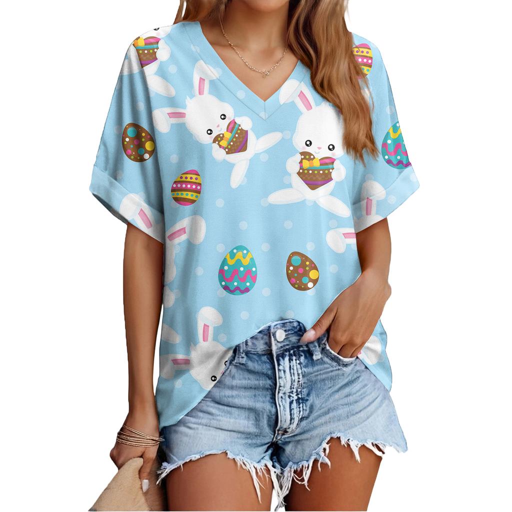 Women's Fashionable Casual Everyday Versatile Easter Print Slim-Fit Summer Short-Sleeve Top