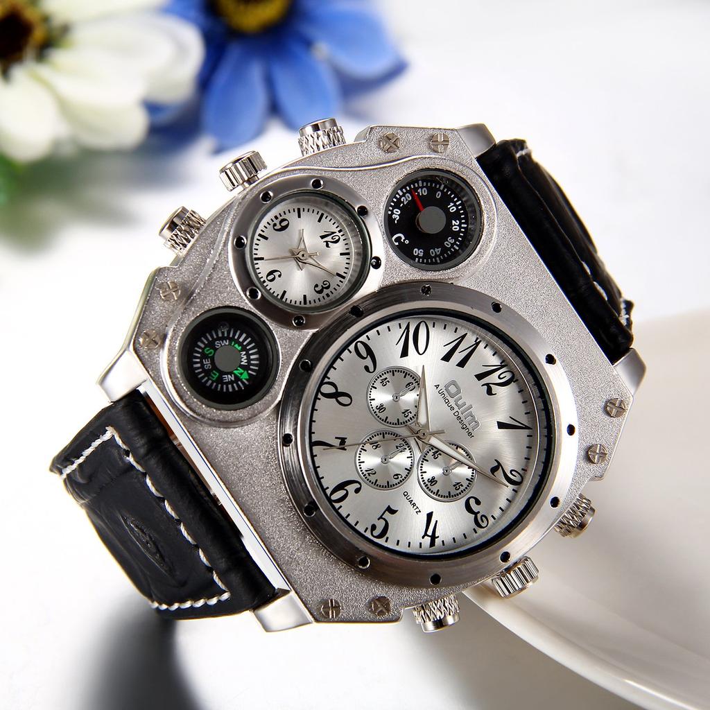JewelryWe Fashion Men's Multi-Function Watch with Numeric Dial, Analog Display, Leather Band, Compass and Thermometer Functions, Silver and Black