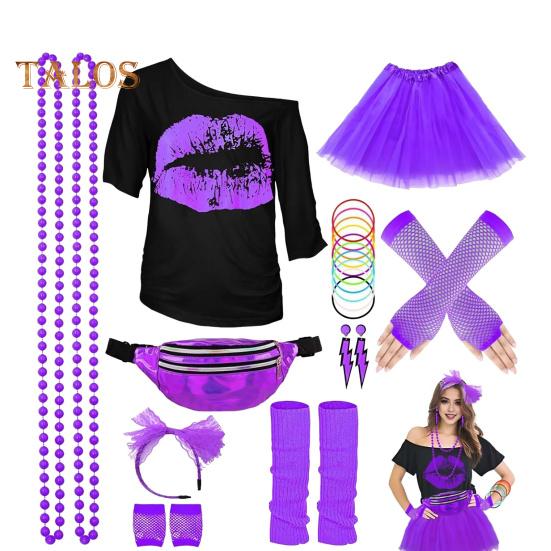 80er Jahre Kostüm-Set – Mit Netzhandschuhen, Stirnband, Ohrringen, Halskette & Armbändern | Für Retro-Party & Halloween