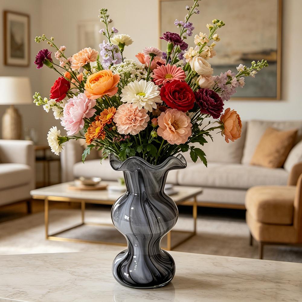 Clear Hobnail Glass Flower Vase with Ruffled Rim, Handmade Bubble Texture Vase for Home Decor