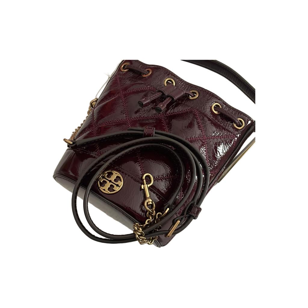 Tory Burch Metal Logo Drawstring Closure Leather Bucket Bag Women bags Burgundy 152044-690