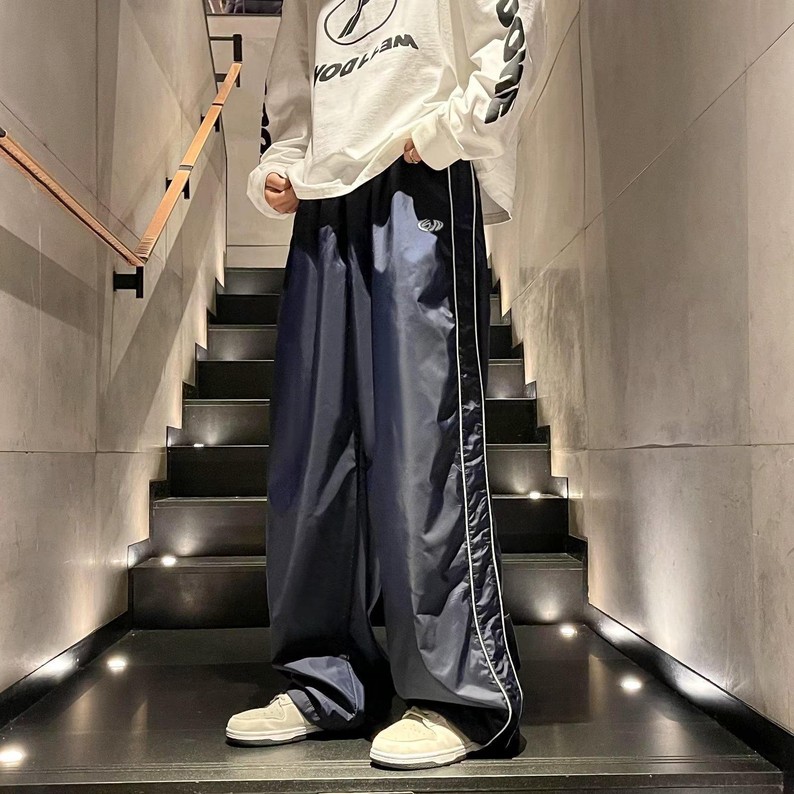 

Мужские повседневные водонепроницаемые брюки в полоску - весна и лето в гонконгском стиле, модные свободные, функциональные прямые штурмовые брюки для активного отдыха L тёмно-синий