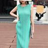 Women Vest Dress Pleated Loose Round Neck Solid Color Straight OL Commuting Dress Sleeveless Calf Length Midi Dress