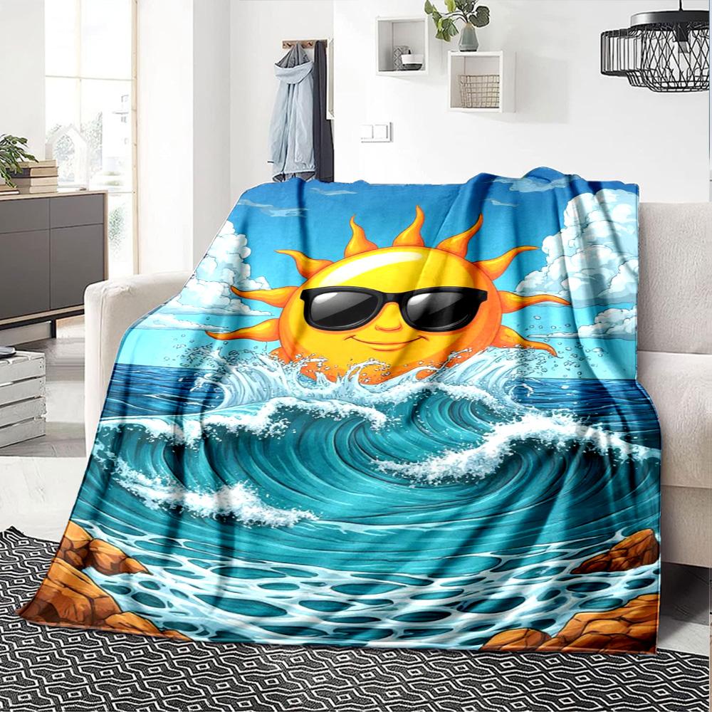 Cool Sunglasses Sun Ocean Wave Sea Rock Cartoon Print Flannel Blanket Soft Warm Throw Blanket For Sofa Bedroom