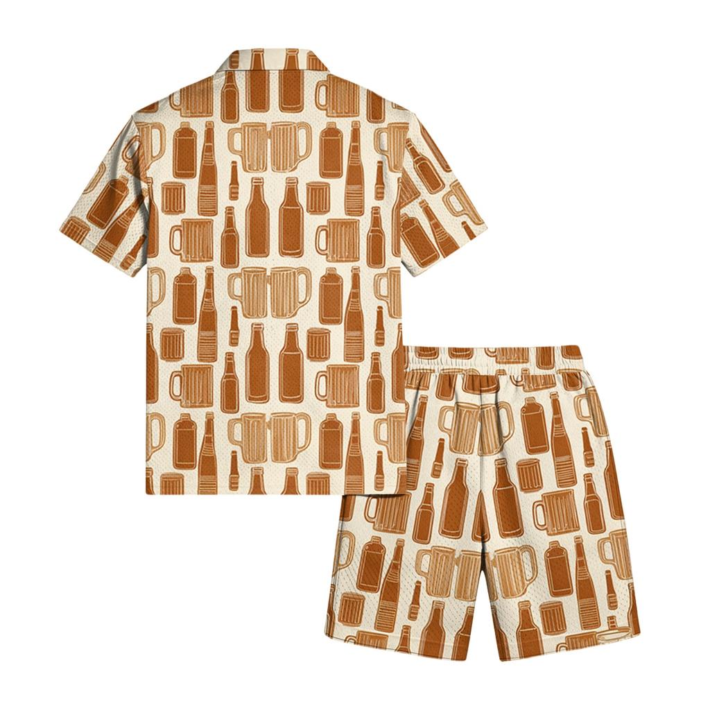 Men's Casual Short Sleeve Shirt and Shorts Set Beer Festival Print Lightweight Breathable Summer Outfit for Outdoor Activities