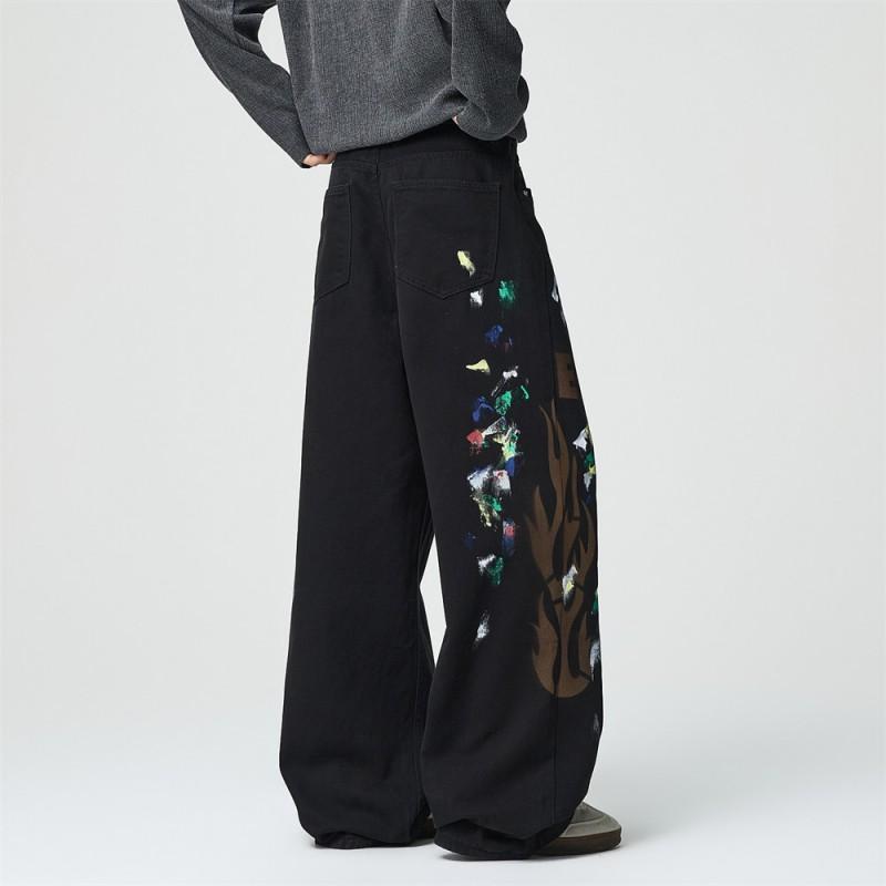 Mens Streetwear Loose Straight Leg Pants Flame Print Casual Trousers