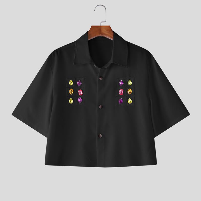 INCERUN MenTurn Down Collar Short Sleeve Acrylic Diamonds Patchwork Loose Cropped Shirts