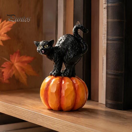 Black Cat Sculpture with Pumpkin Halloween Ornament, Vintage Wood Carving Style Indoor Holiday Tabletop Accents Resin Figurine, Spooky Decor for Home
