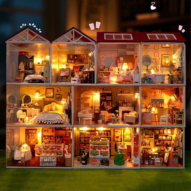DIY Wooden Miniature Model Kit Convenience Stores Casa 3D Puzzle Doll Houses With Furniture Lights for Friends Birthday Gifts