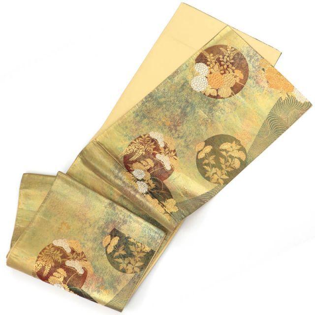 Used Fukuro Obi, Fukuro Obi, Formal Obi, Formal Obi, Women's, Pure Silk, Gold, Round Peony, Pine, Wisteria, Length 426cm, Width 31cm, Tailored Obi,