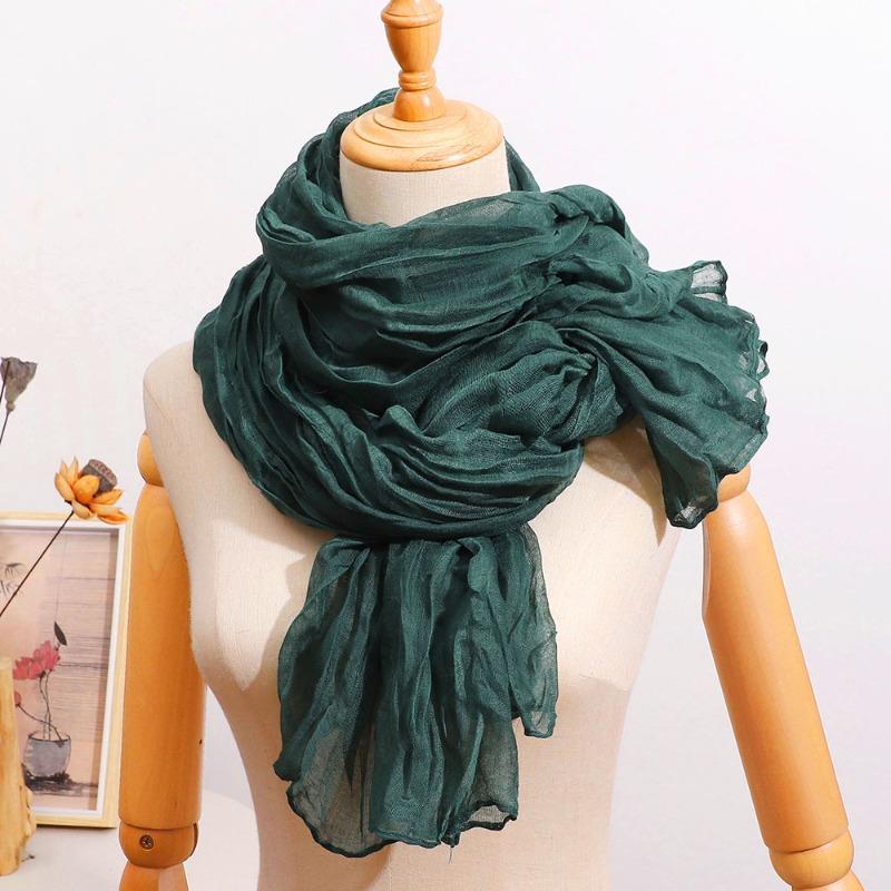 All-Season French-Style Vintage Solid Color Crinkle Pleated Scarf Lightweight Pleated Neck Scarf Shawl, Versatile Solid Color Autumn and Winter