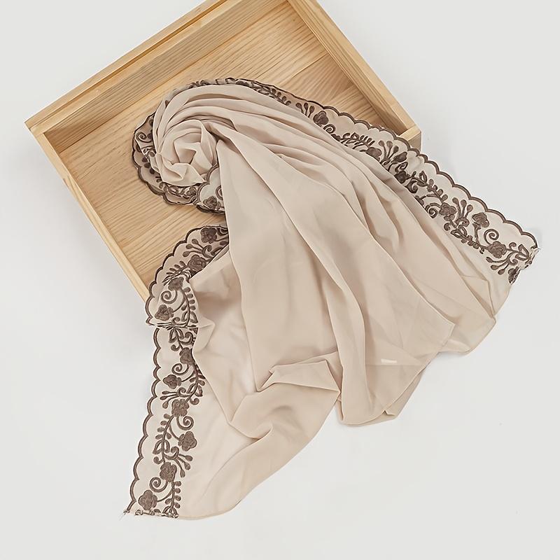 1pc Women S Solid Color Pearl Chiffon Scarf With Clover Embroidery And Lace Trim, Fashionable And Elegant Headscarf For Malaysia And Indonesia бежевый