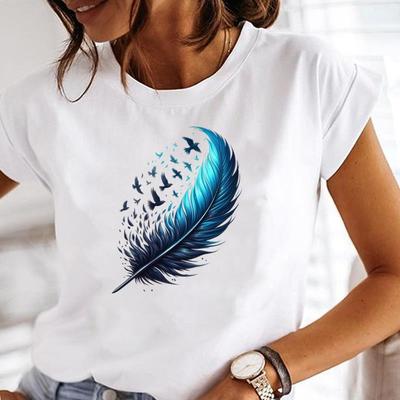 (Asian Size) Feather Trend 90s Women Tee Clothing Casual T Shirt Fashion Lady Female Top Printed Graphic Short Sleeve T-shirts
