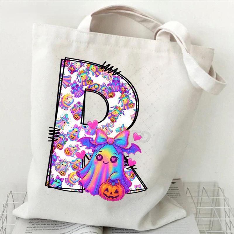 Halloween Alphabet Canvas Bag Going Out Portable Handbag Women's Large Capacity Casual Shoulder Crossbody Bag