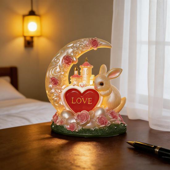 Easter Bunny Night Light Cute Bunny Moon Heart Table Lamp Resin Bedside Lamp for Kids Room Nursery Bedroom Decor