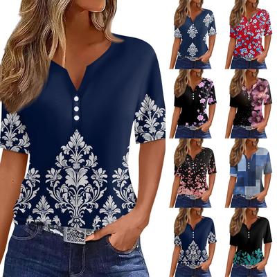 Women's Casual Printed V-Neck Short Sleeve Decorative Button T-Shirt Top