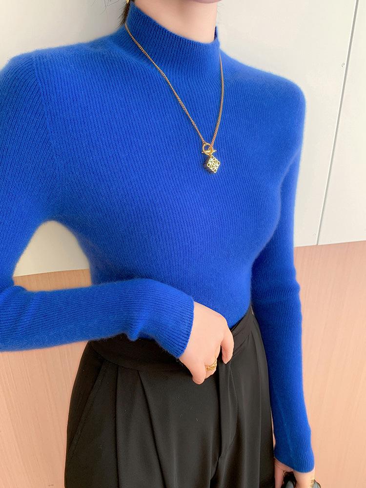 Women's Cashmere Wool Slim-Fit Knit Top - Half-High Neck, Seamless, Autumn/Winter Versatile Sweater
