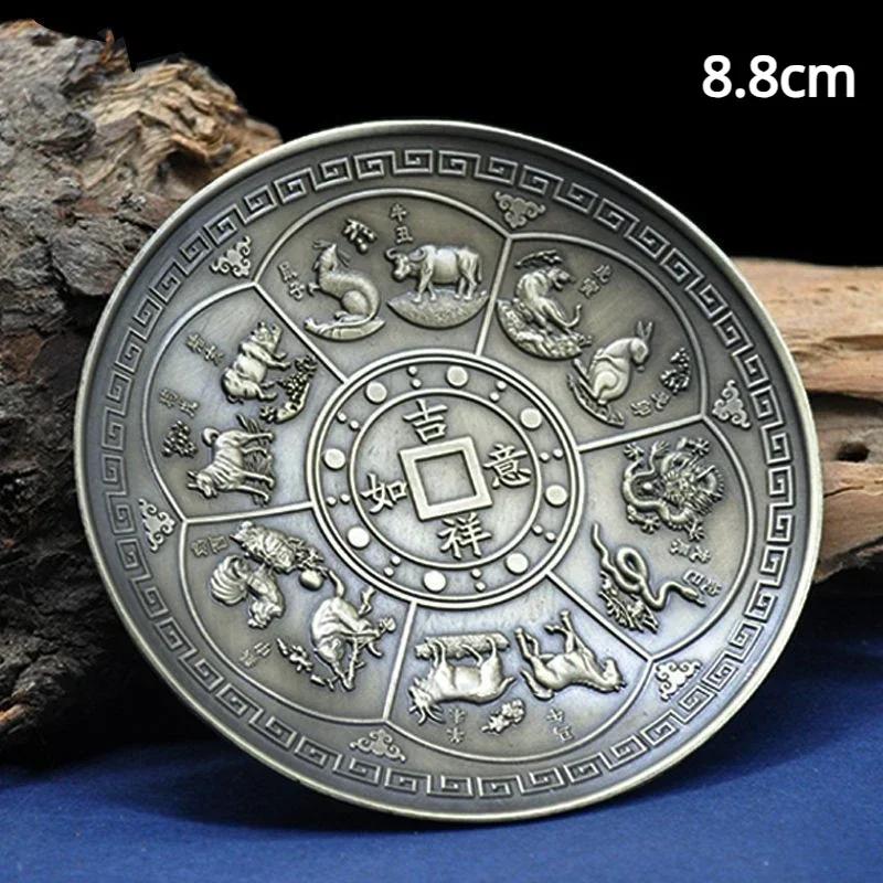 Tavă de tămâie din bronz Dragon și Phoenix Douăsprezece Zodiac Suport de tămâie cu fir antic Arzător de tămâie cu bobină Sobă de interior din lemn de santal