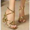 Fashion Golden Narrow Band Square Toe Women Sandals Designer Fretwork High Heels Shoes Woman Ladies Shoes For Women